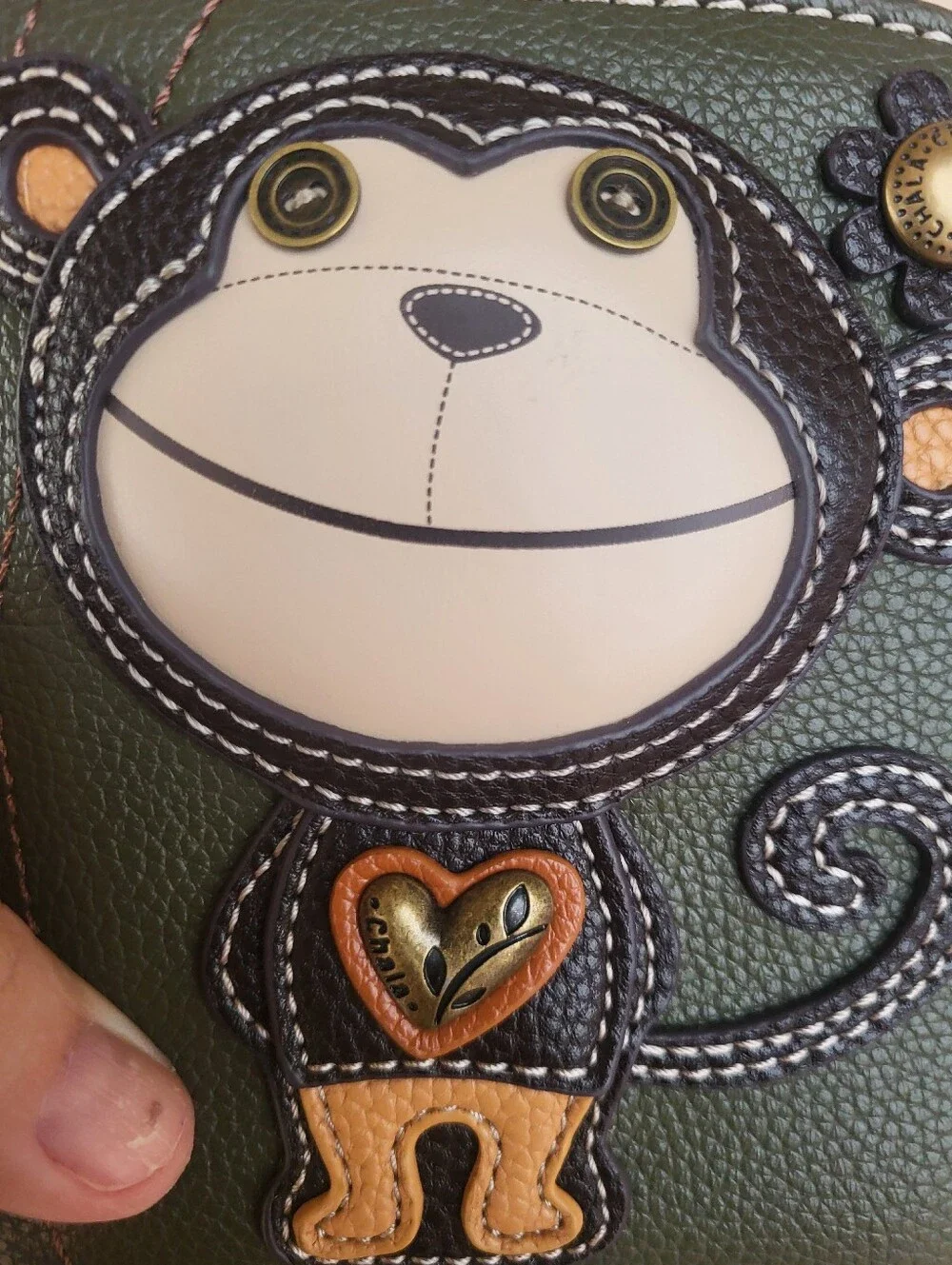CHALA Monkey Wallet Vegan Leather, Zip Around. Olive
